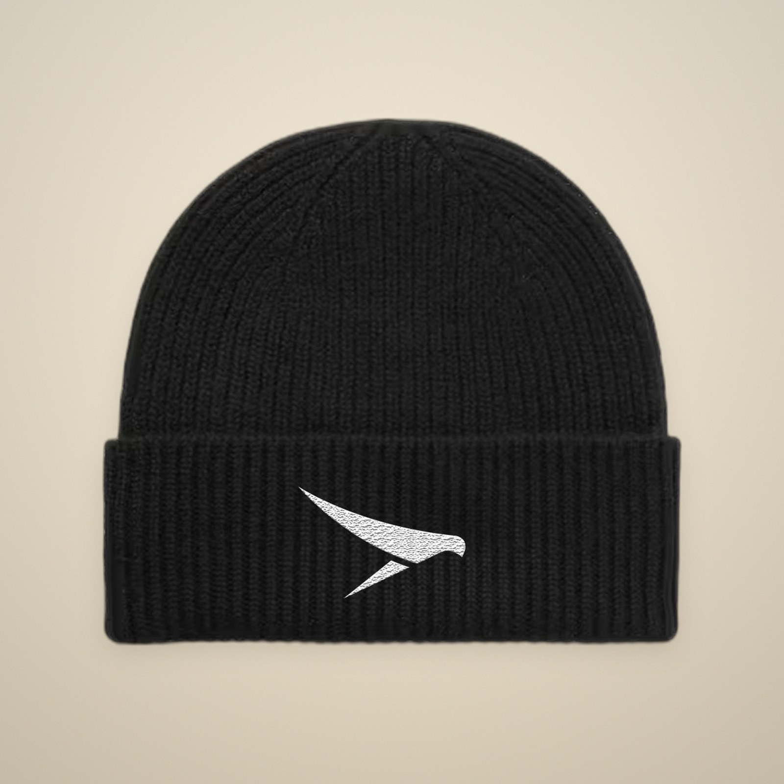 Ribbed black FOREIGNERS beanie with white embroidered swift on the cuff