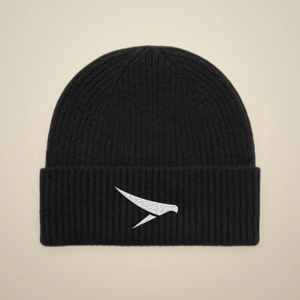 Ribbed black FOREIGNERS beanie with white embroidered swift on the cuff