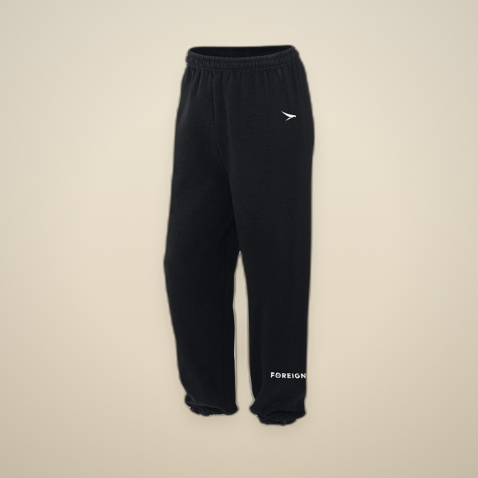 Black FOREIGNERS sweatpants with white swift at the hip and wordmark at the ankle
